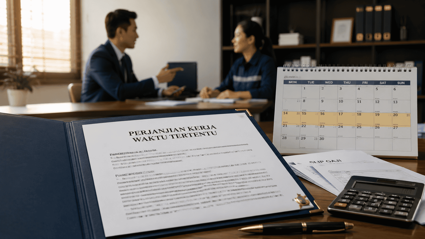 Dokumen PKWT, kalender kontrak, dan kalkulator sebagai ilustrasi uang kompensasi pekerja kontrak