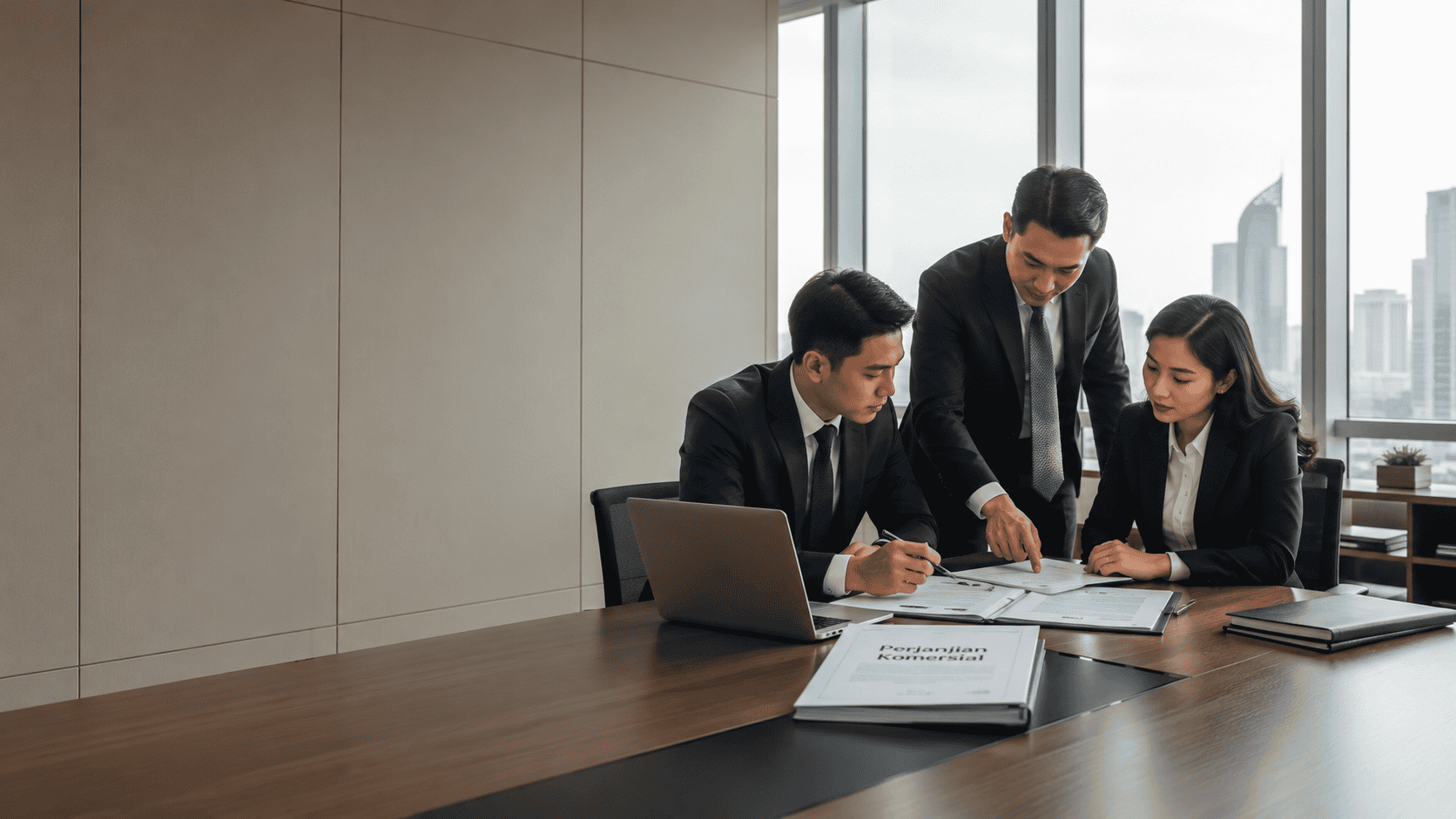 Tim konsultan hukum perusahaan menelaah kontrak bisnis di ruang rapat Jakarta.