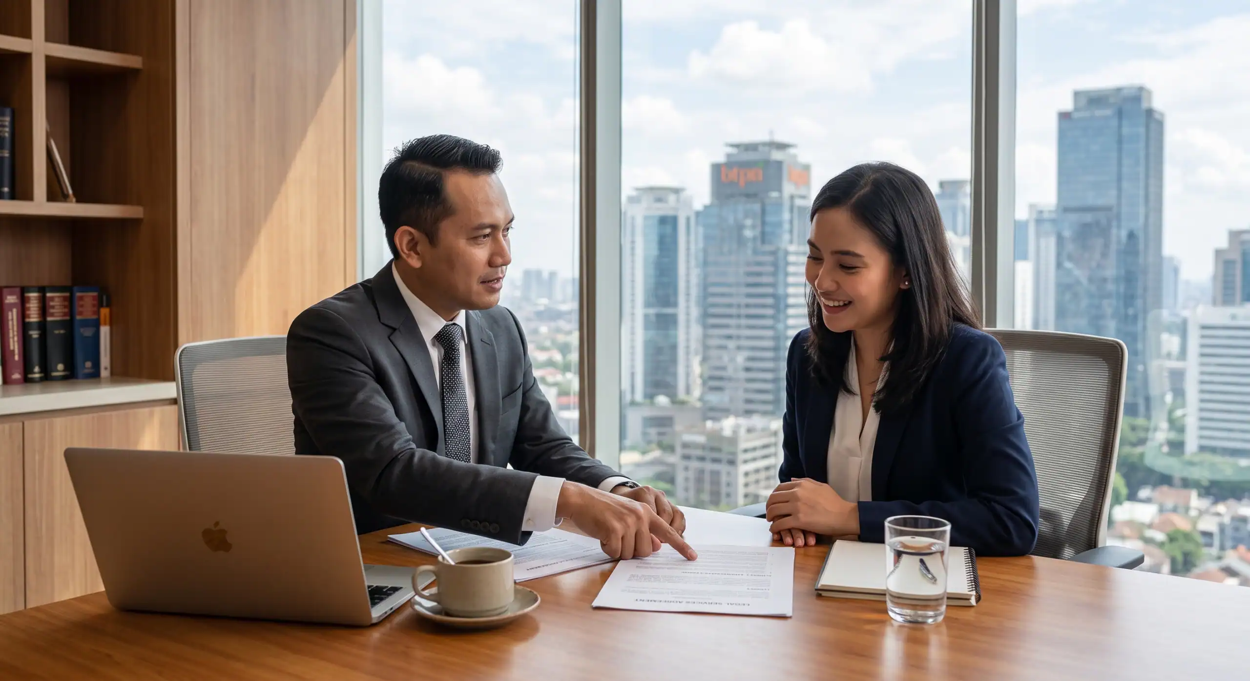 Konsultasi jasa retainer lawyer perusahaan dengan pemilik bisnis di ruang meeting modern Jakarta, membahas review kontrak dan risiko hukum