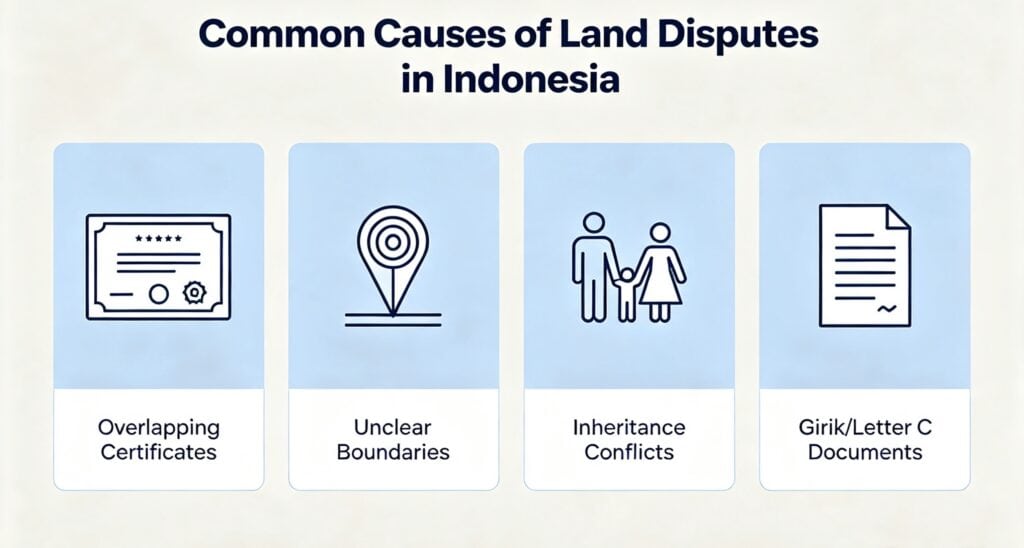 Diagram alur penyebab sengketa tanah di Indonesia: sertifikat ganda, batas tidak jelas, warisan, dan tanah girik